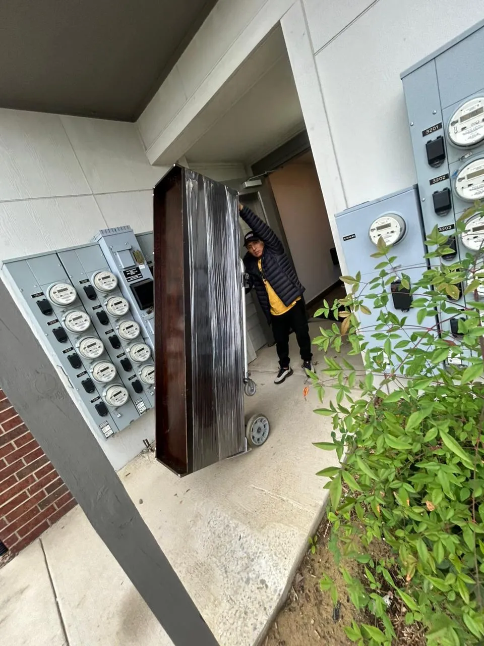 Criss Moving cargando muebles pesados con carretilla en apartamento